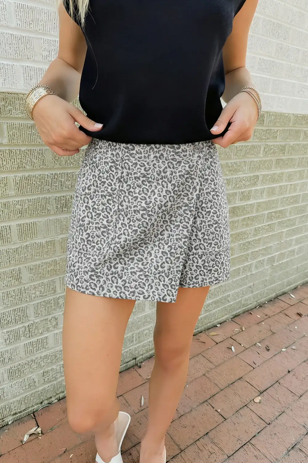 Leopard Print Wrap Front Denim Shorts