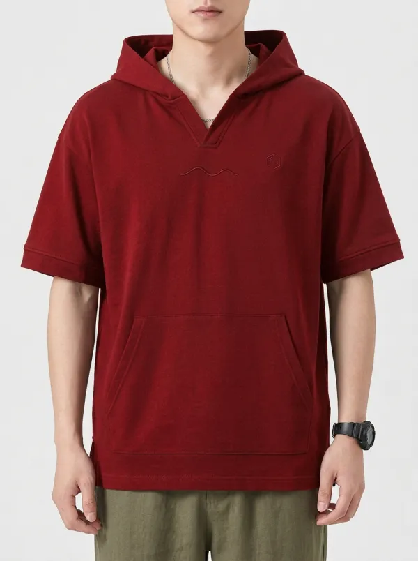 Casual Short Sleeve Embroidered Wave Graphic Detail Men's Hoodie