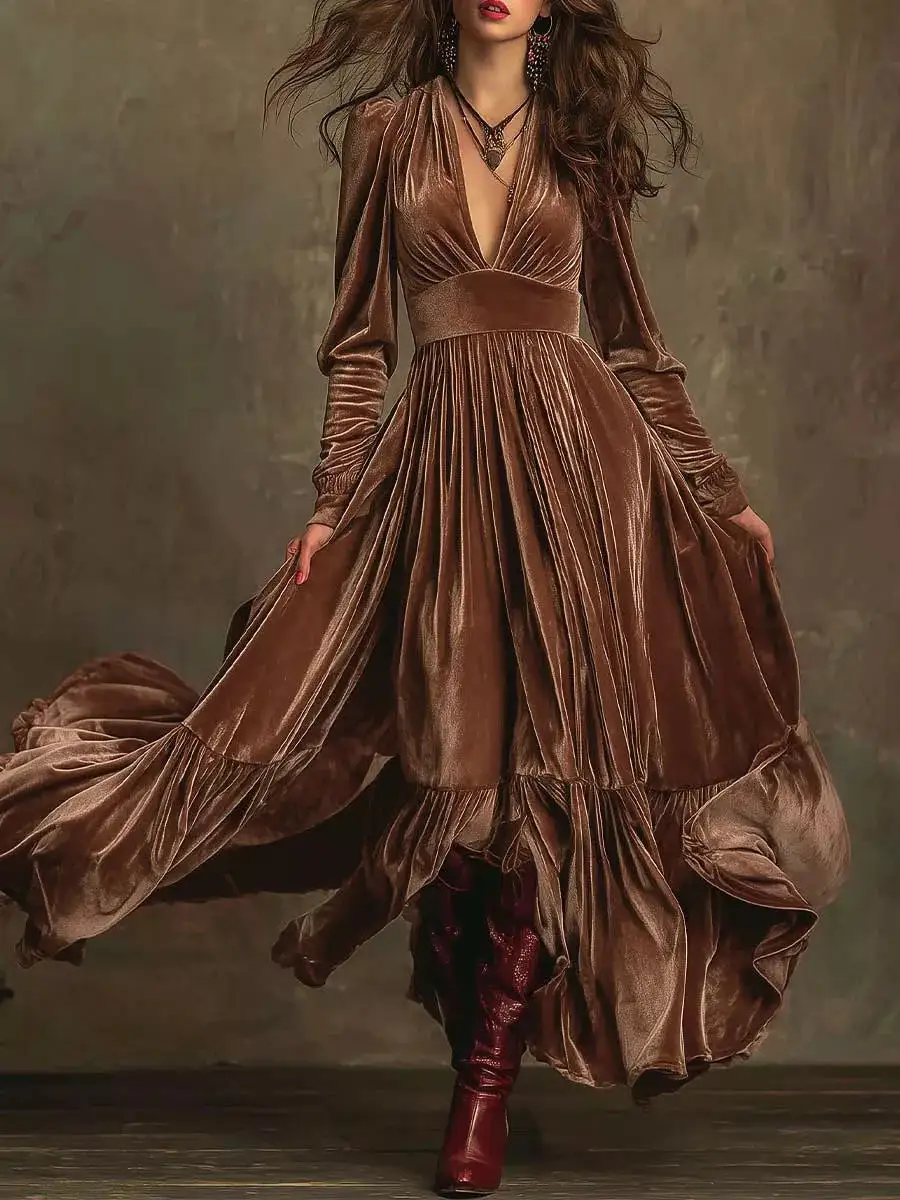 Textured Detail Ruffle Long Sleeve Dress
