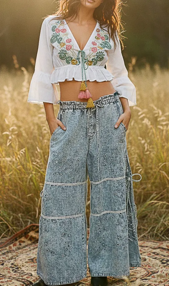 Relaxed V-Neck Cropped Floral-Embroidered Blouse