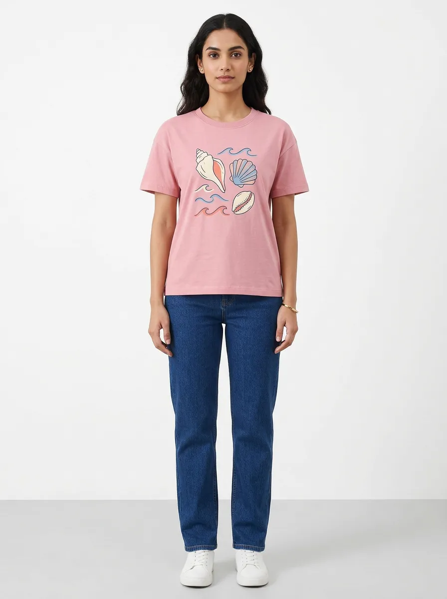 Women's Crewneck Graphic-Print Ribbed T-Shirt