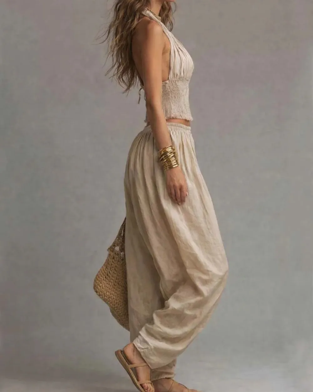 Casual Backless Craft Halter Closure Wide Leg Pants Set