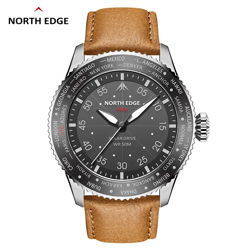 North Edge Quartz watch pilot solar watch with brown strap MACH-Never needs a battery replacement