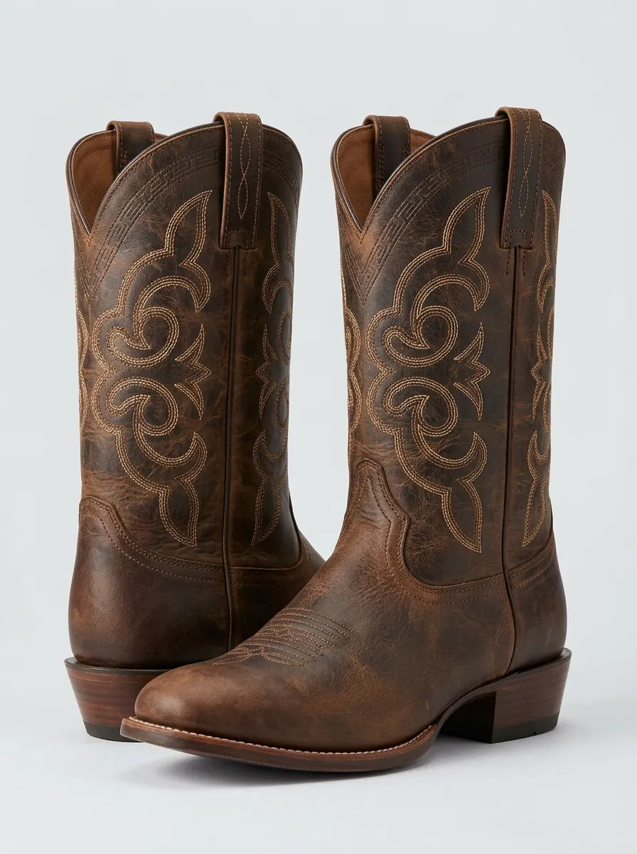 Men's Western Cowboy Brown Embroidered Printed Boots
