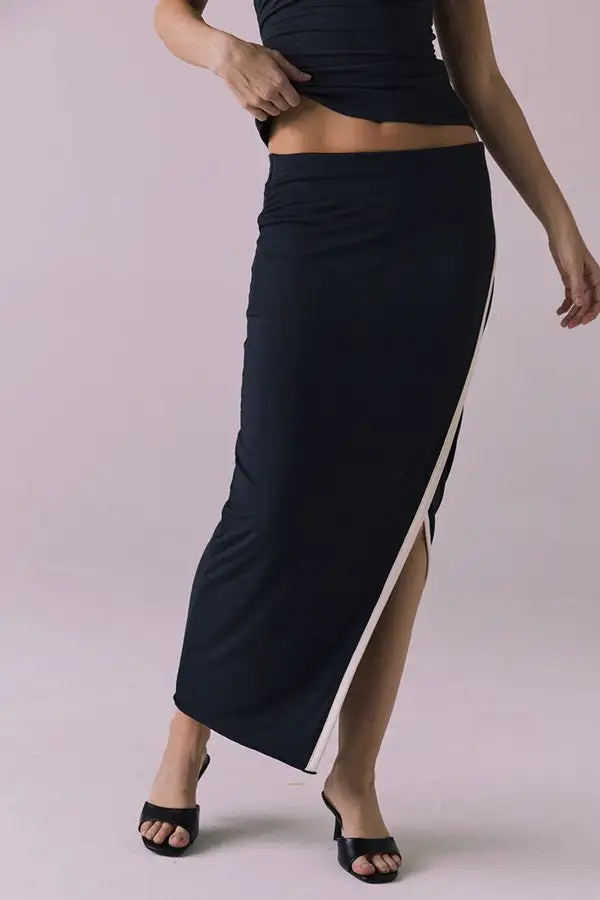 Black Slim-Fit Front Slit Midi Skirt