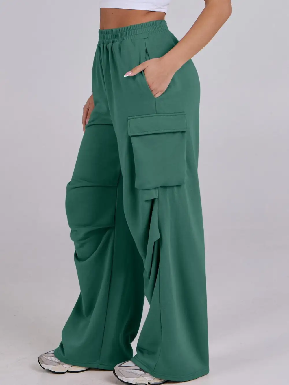 Elastic Waist Wide Leg Pants With Pocket
