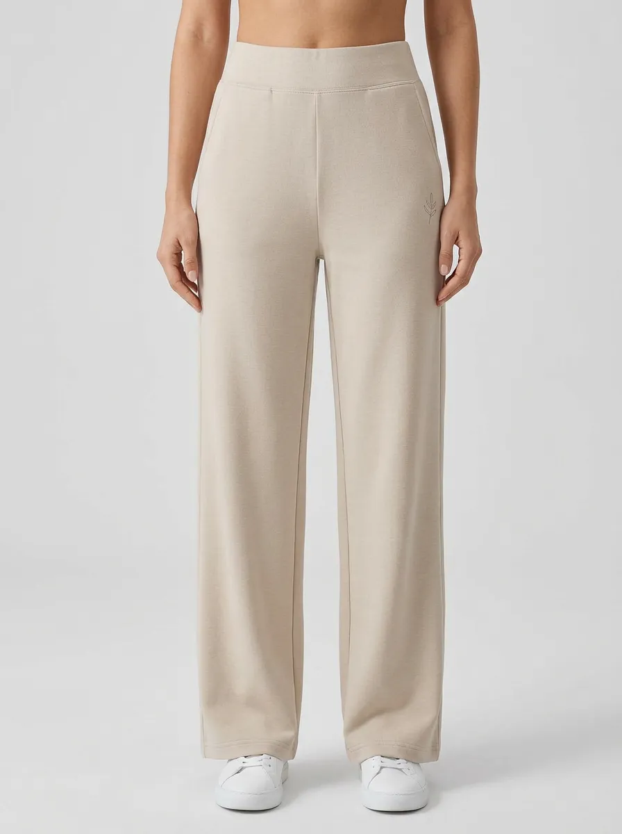Women's Casual Minimalist Beige Leaf Embroidered Wide Leg Pants