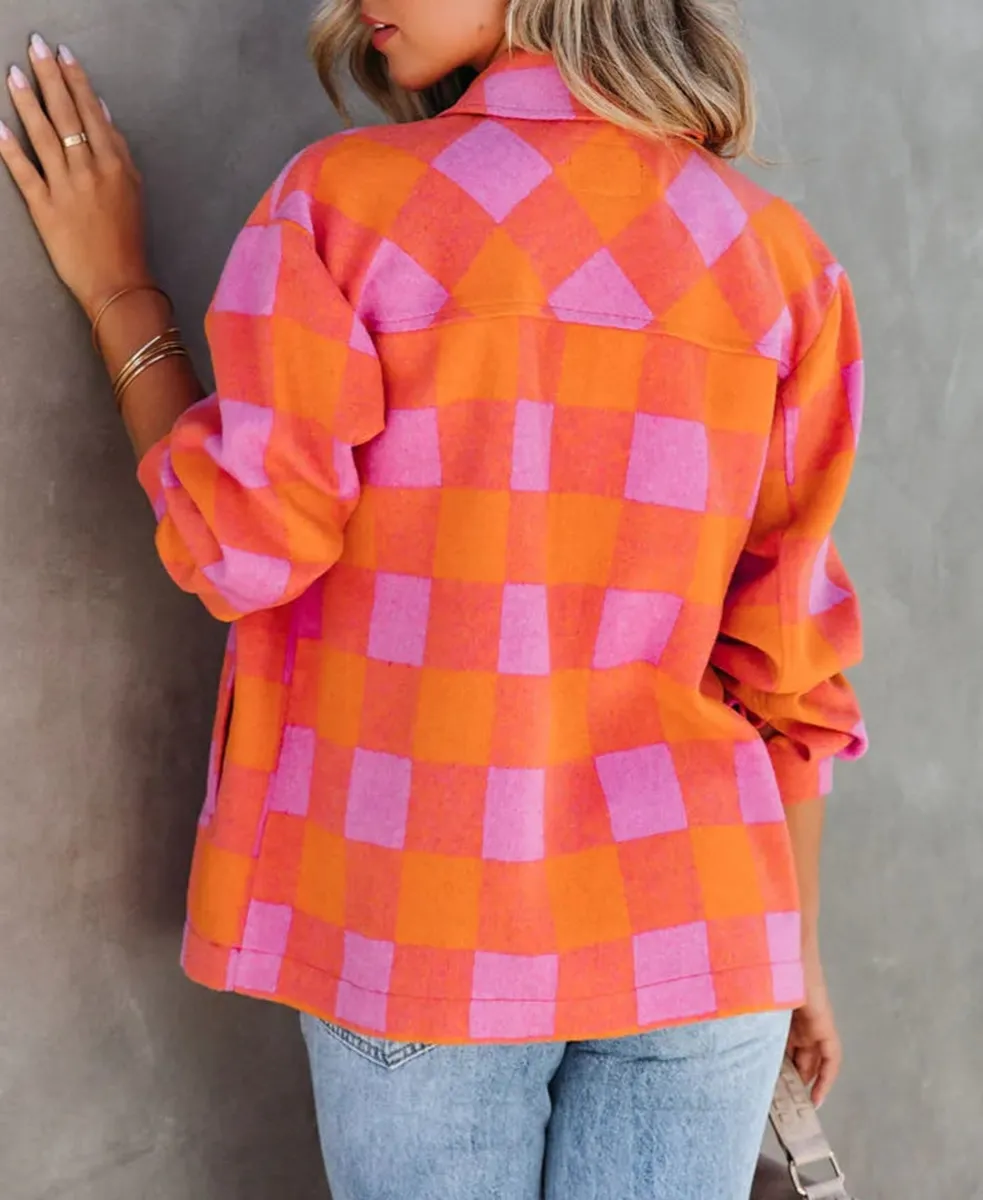 Women's Plaid Chest Pockets Button Up Turn Down Collar Jacket