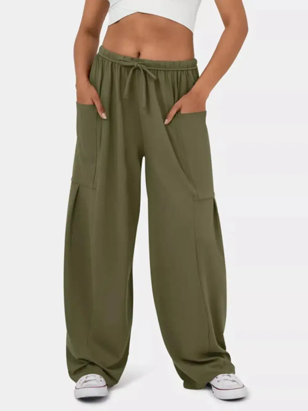 High Waisted Drawstring Wide Leg Pants