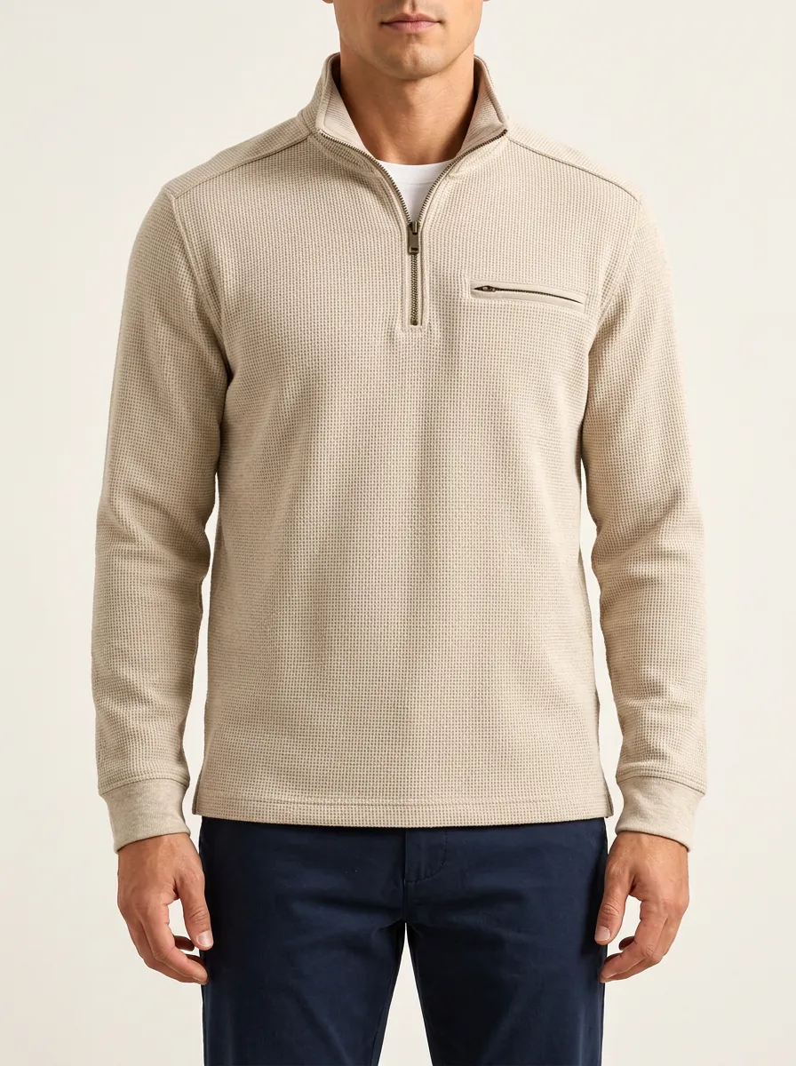 Waffle Knit Pullover with Quarter-Zip Closure for Relaxed Layers Wear