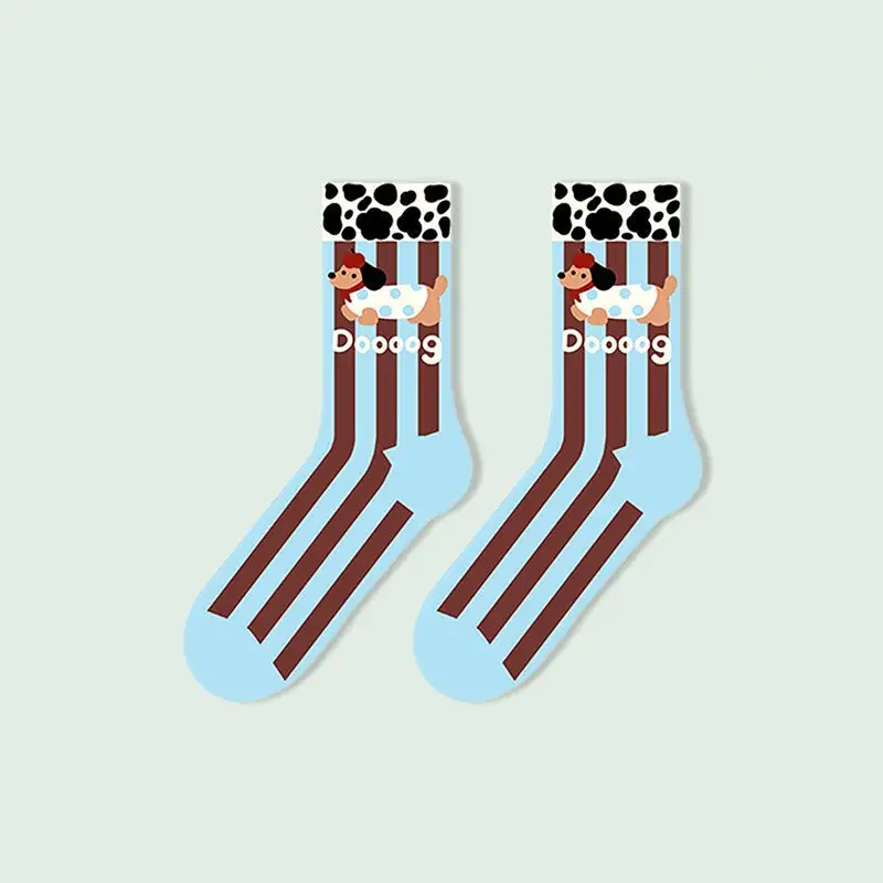 Wavy Stripe Cat Print Crew Socks
