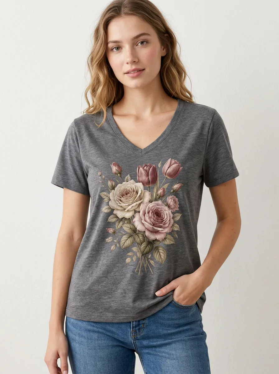 Women's Floral Lover Rose and Tulip Printed V-Neck T-Shirt