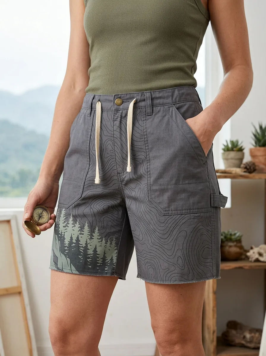 Women's Hiking Nature Lover Topographic Forest Printed Shorts