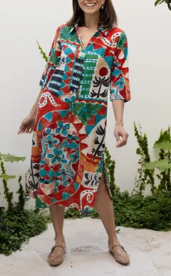 Below-Knee Abstract Cotton Pocket Collared Half-Sleeve A-Line Shirt Dress
