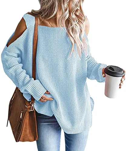 Women's Cold Shoulder Oversized Sweaters Batwing Long Sleeve Square Neck Chunky Knit Fall Tunic Sweater Tops
