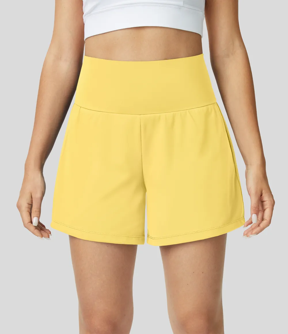Super High Waisted Back Pocket & Side Hidden Pocket 2-in-1 Yoga Shorts 5''-Longer Length