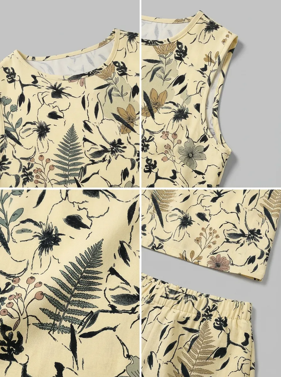 Women's Summer Casual Floral Fern Printed Sleeveless Short Set