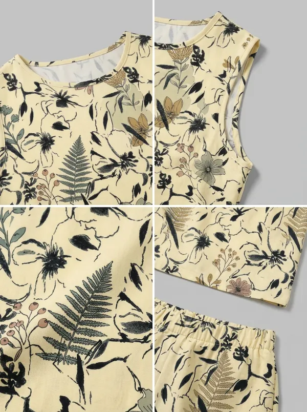 Women's Summer Casual Floral Fern Printed Sleeveless Short Set