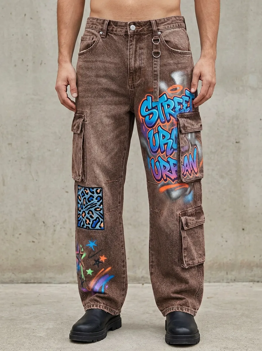 Men's Streetwear Graffiti Leopard Star Graphic Cargo Jeans