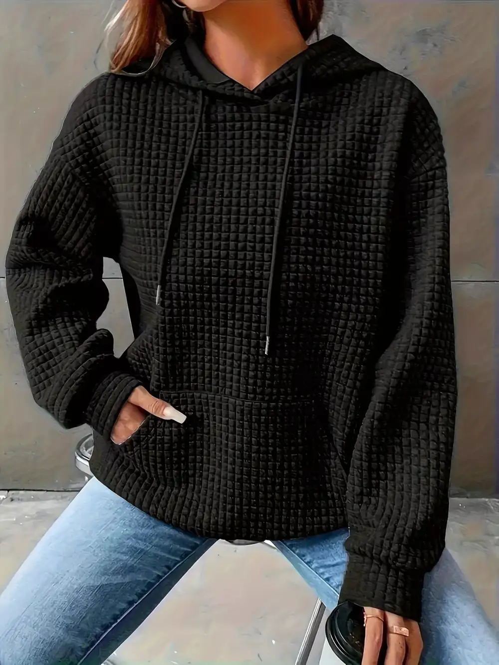 Drawstring Pocketed Textured Knit Hoodie