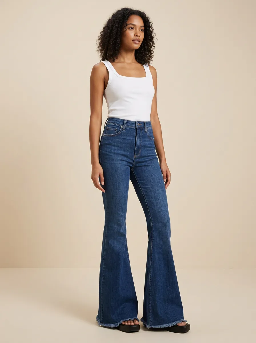 Raw Hem Contrast Stitch Printed Detail Flare Jeans