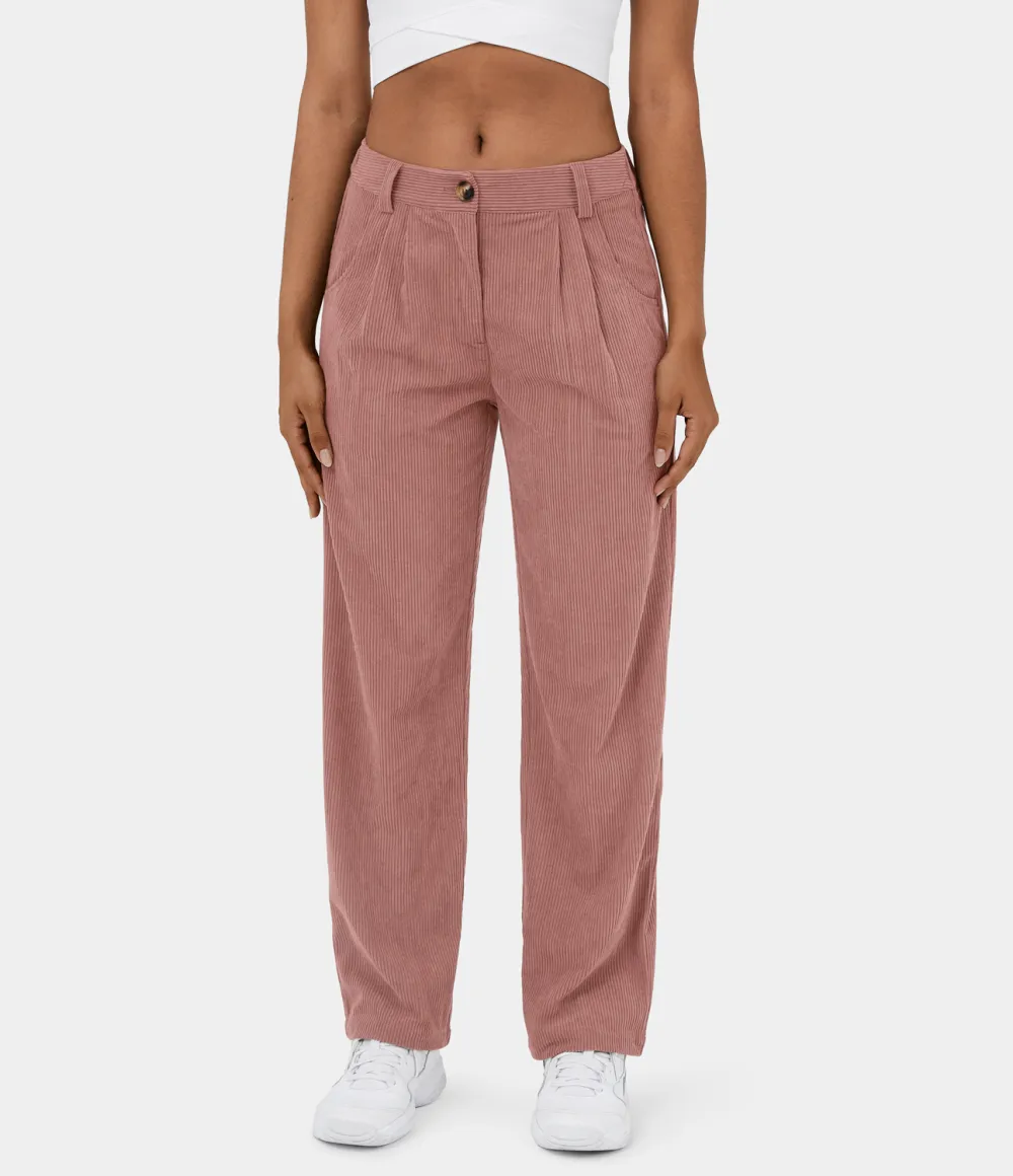 Mid Rise Button Zipper Side Pocket Corduroy Casual Pants