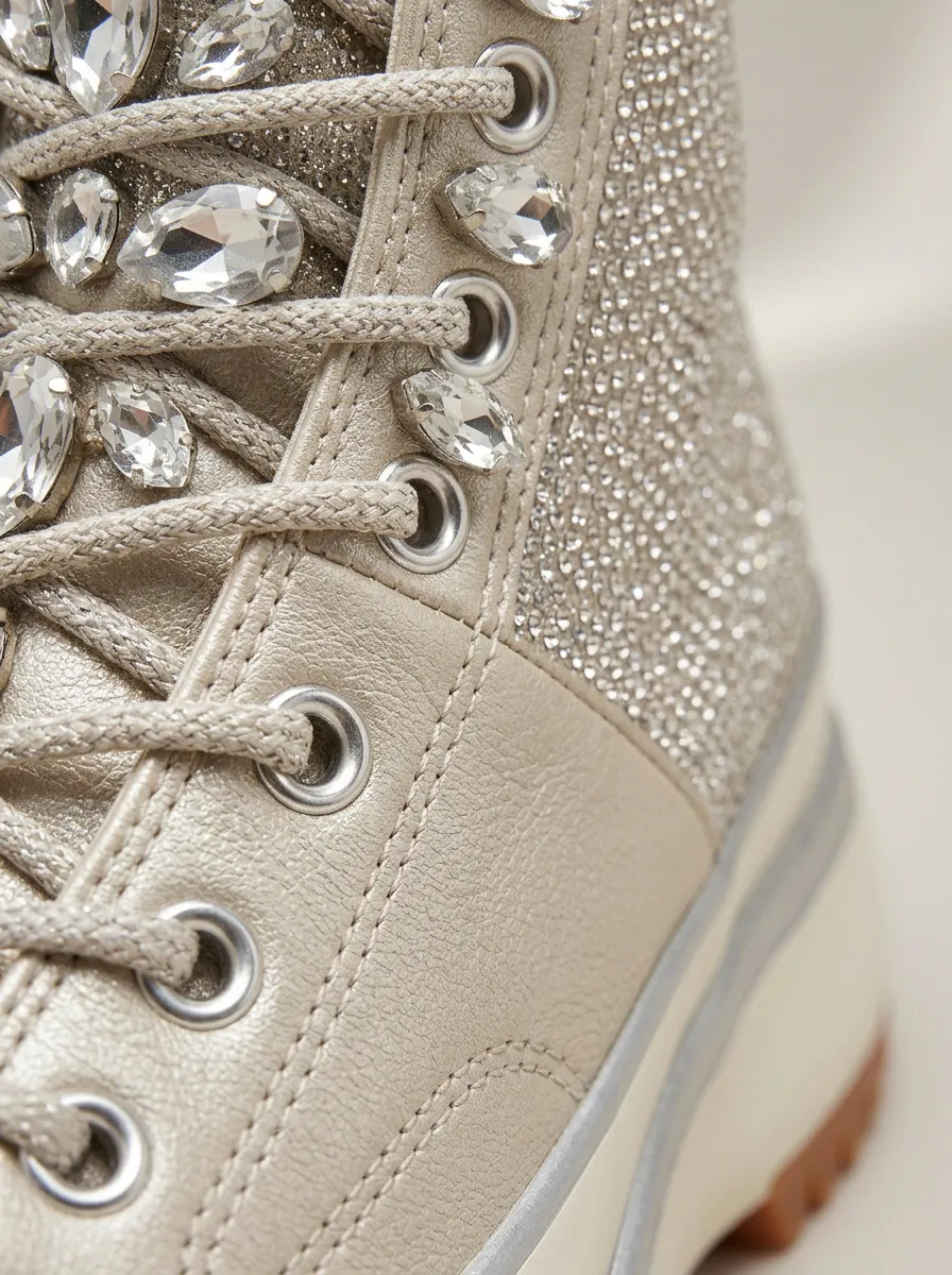 Lace-Detail High-Top Women's Rhinestone Platform Shoes