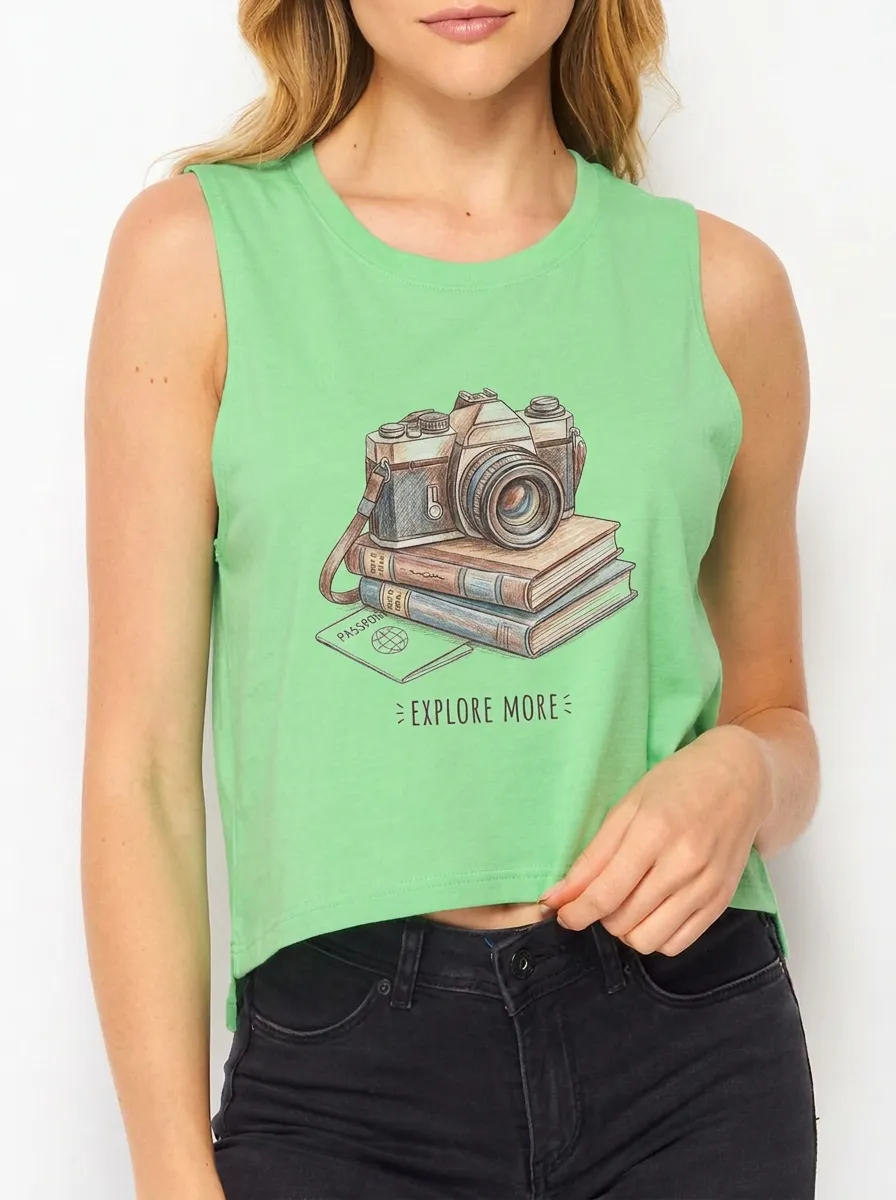 Women's Travel-Inspired Camera Books Passport Printed Crop Tank Top