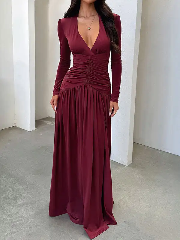 Side Pleated Neck Maxi Dress