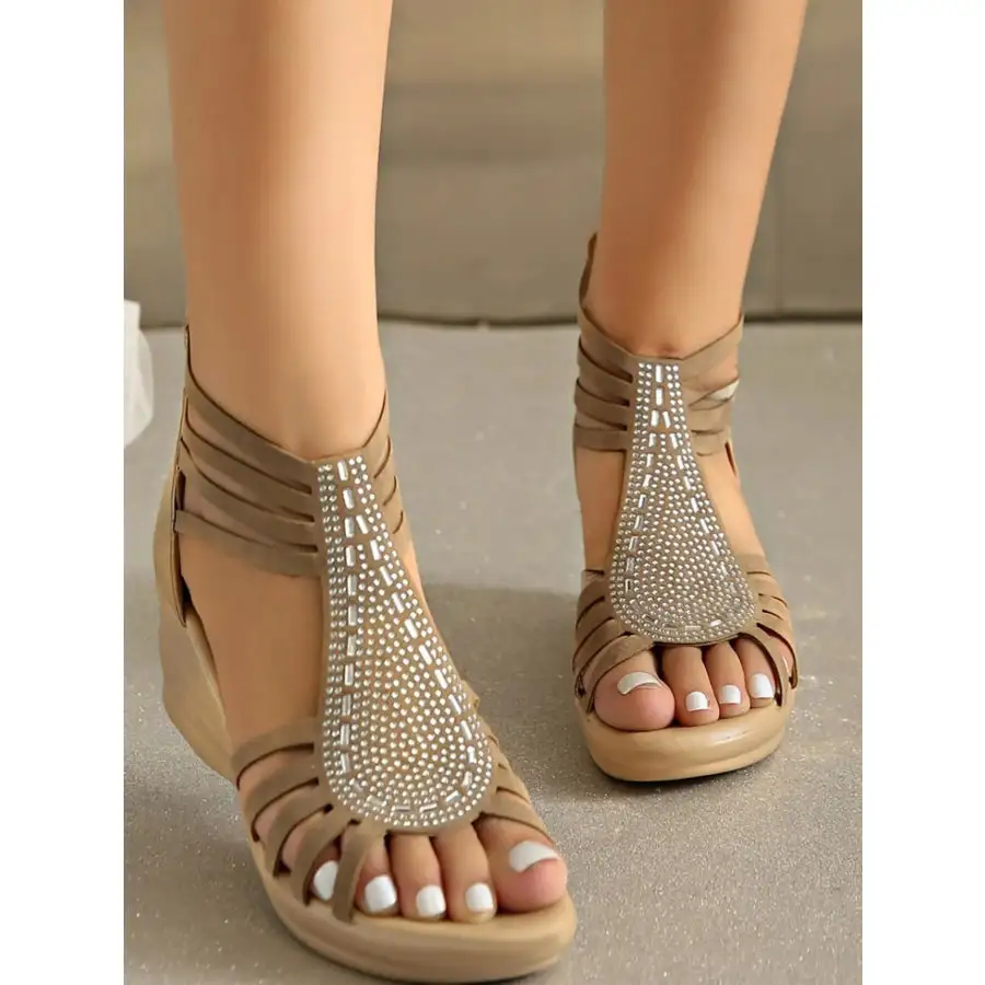 Rhinestone Embellished Strappy Wedge Sandals