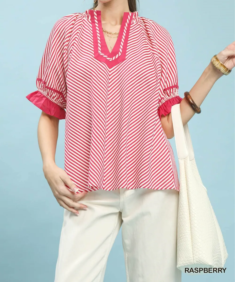 Refined Stripe Ruffle Sleeve Split-Neck Blouse