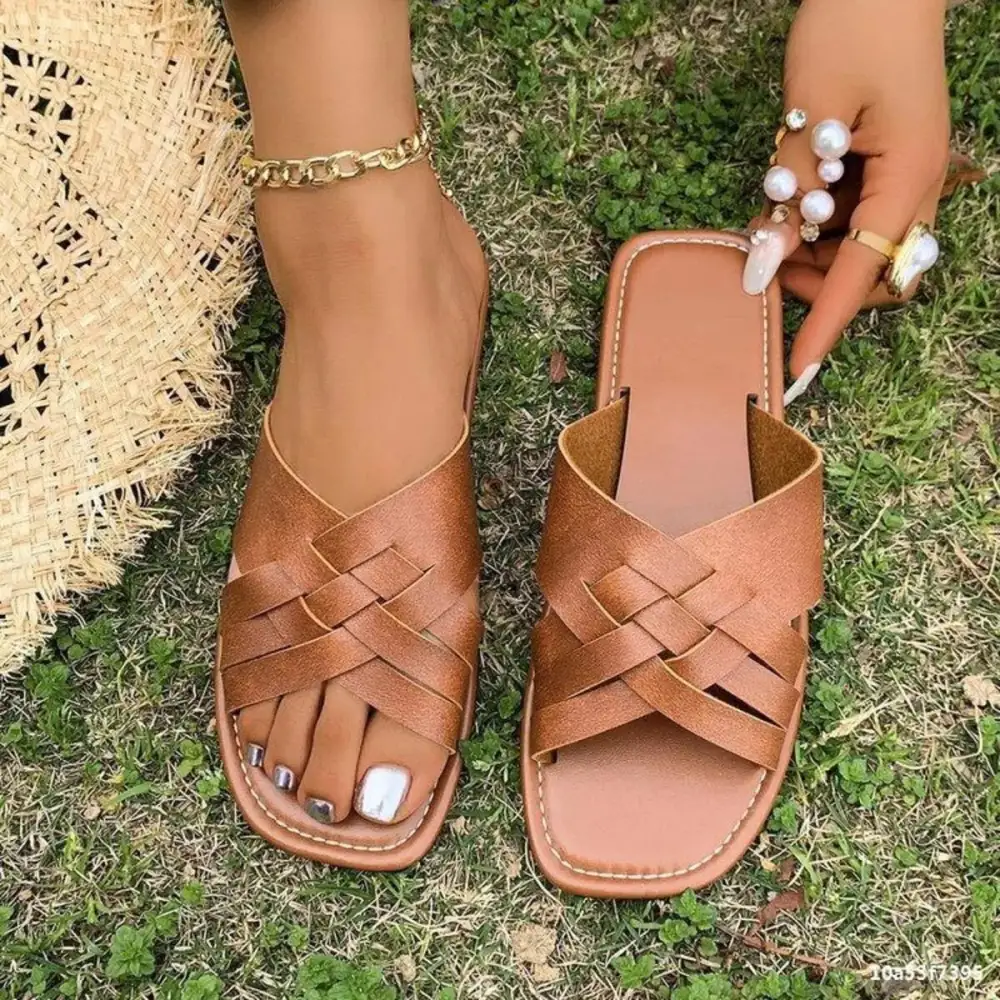 Woven Cross-Strap Flat Sandals