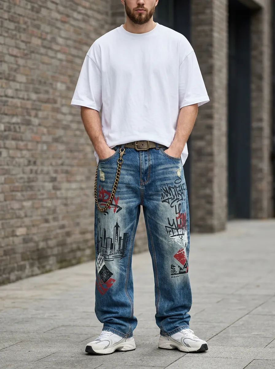 Unisex Skate-Inspired Streetwear Graffiti Jeans