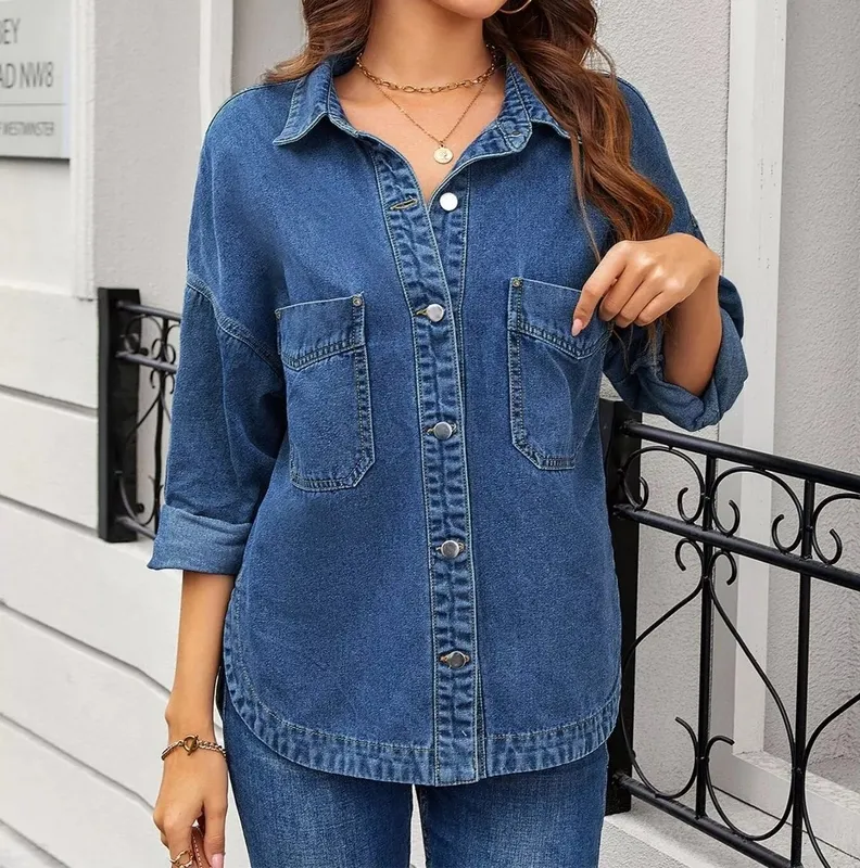 Button-Up Long-Sleeve Denim Shirt