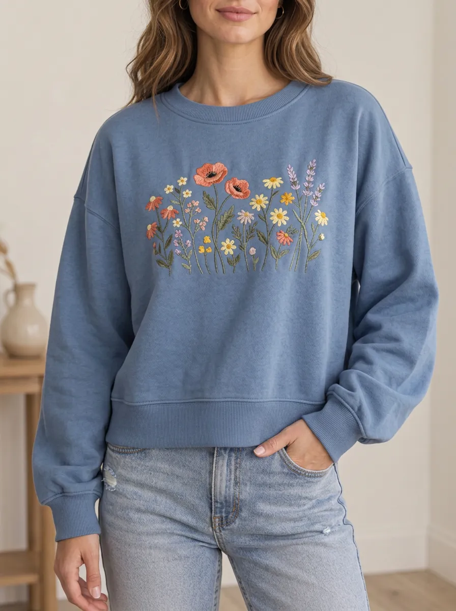 Women's Artful Embroidered Wildflower Crewneck Sweatshirt
