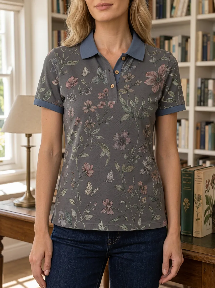 Women's Vintage Floral Butterfly Printed Polo Shirt