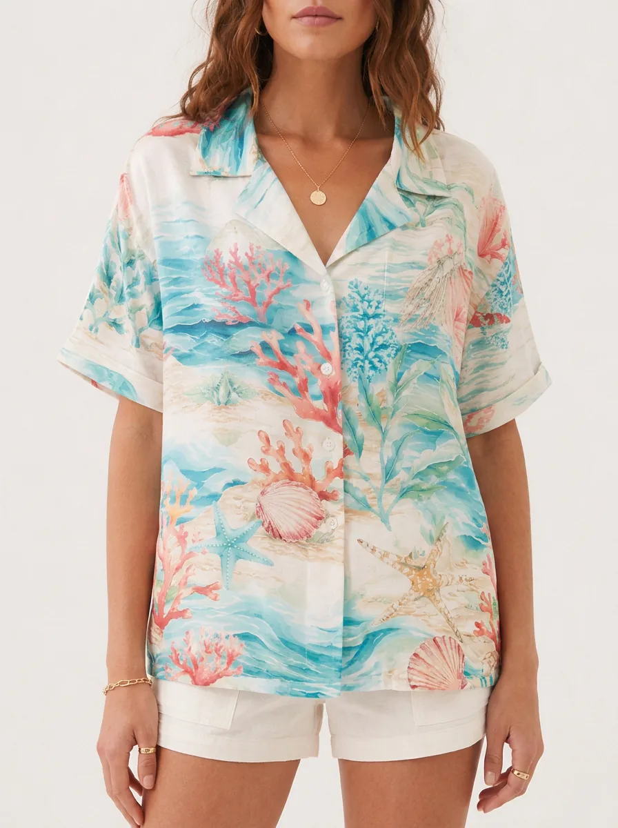 Women's Beach Vacation Coral Seashell Printed Camp Shirt