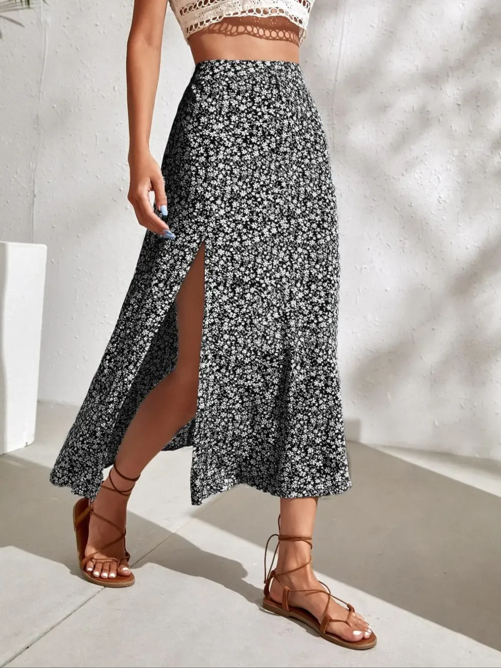 Women's Ditsy Floral Print Split Thigh A Line Skirt
