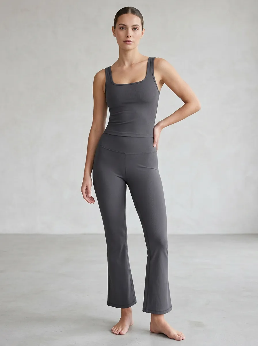 Women's Yoga Fitness Charcoal Square-Neck Ribbed Tank Top Flare Leggings Set