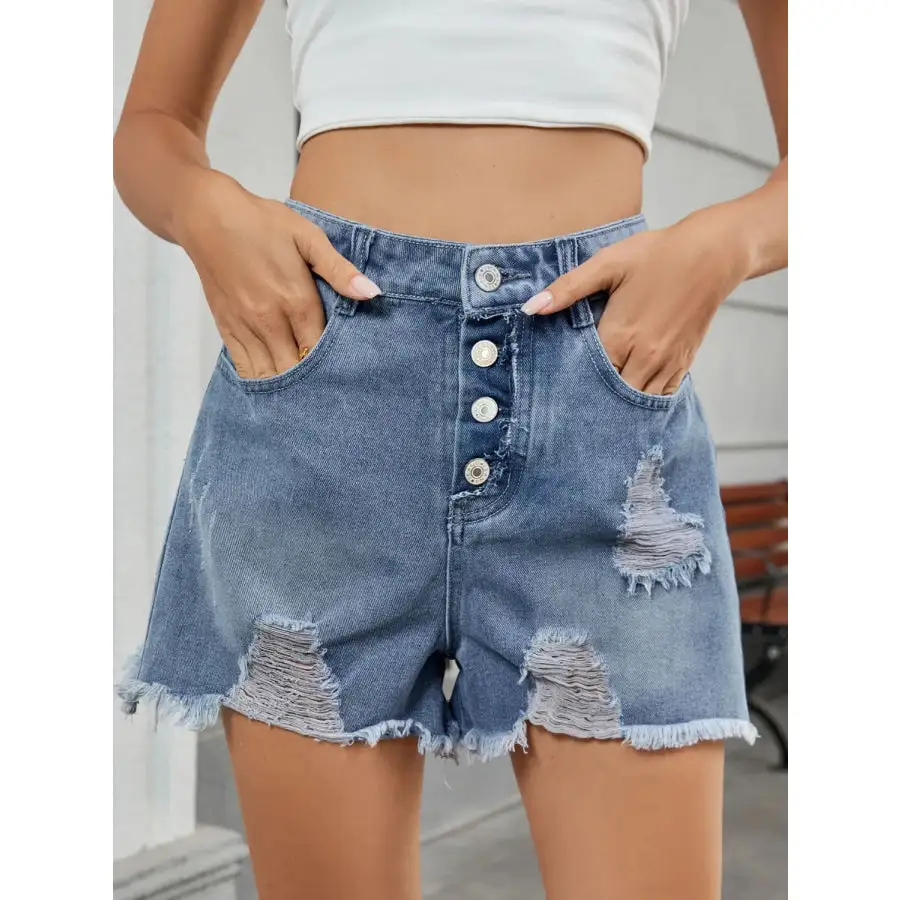 Soft Distressed Raw Hem Denim Shorts