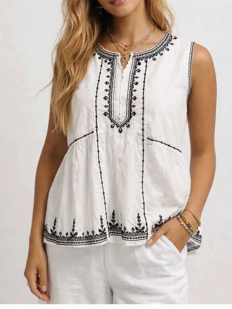 Boho Embroidery Round Neck Button Sleeveless Top