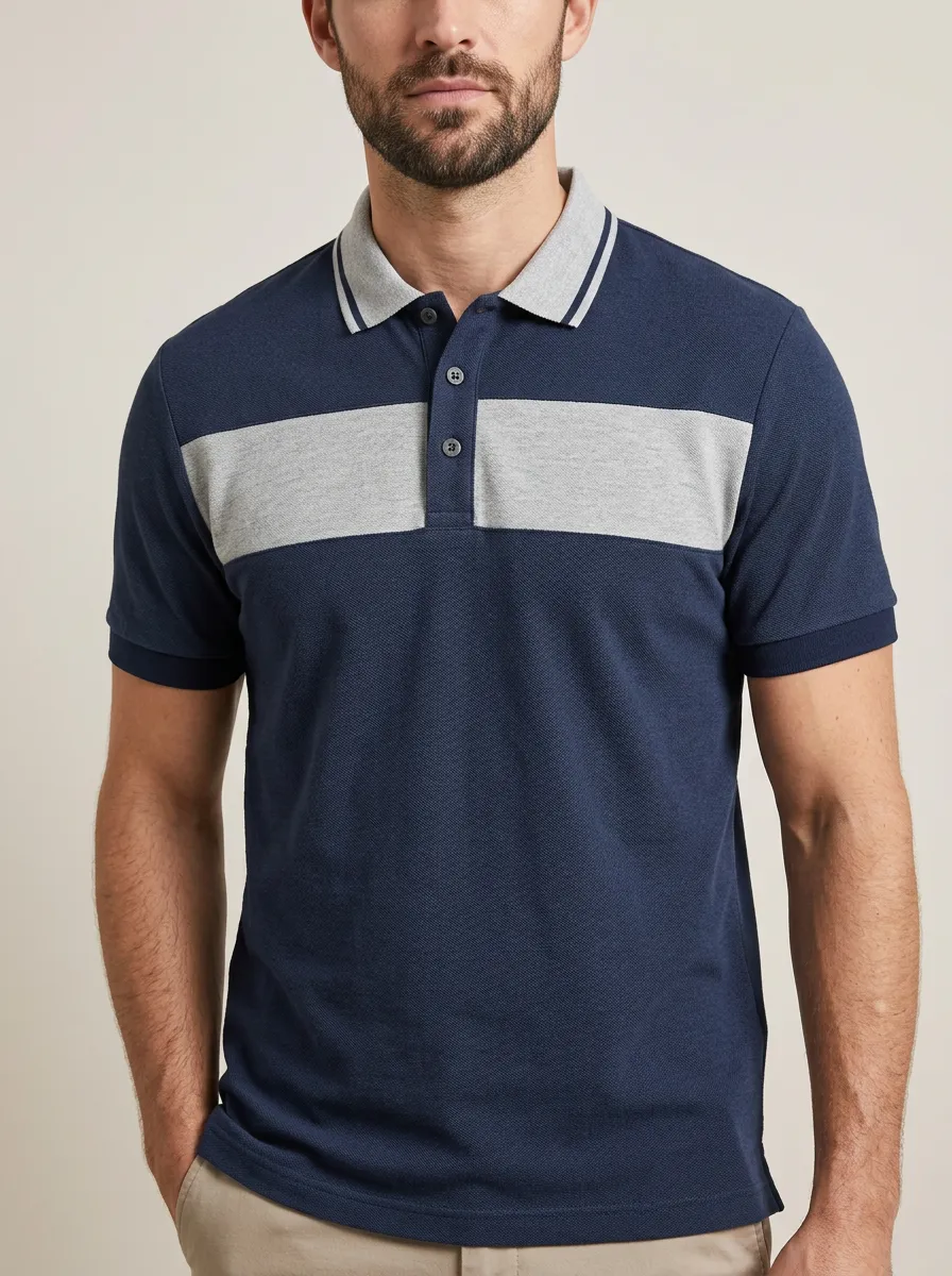 Men's Casual Navy Grey Colorblock Striped Polo Shirt
