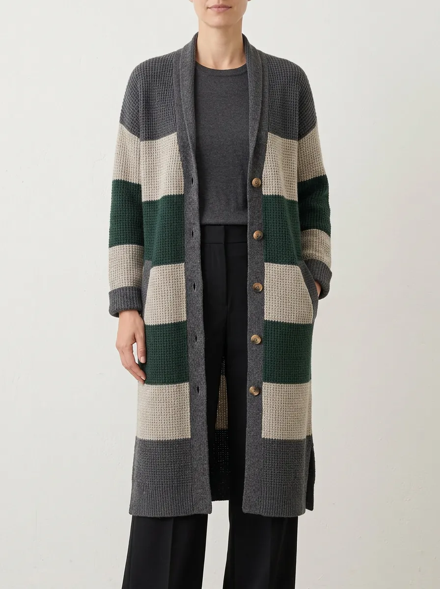 Women's Striped Colorblock Waffle Textured Long Knit Cardigan