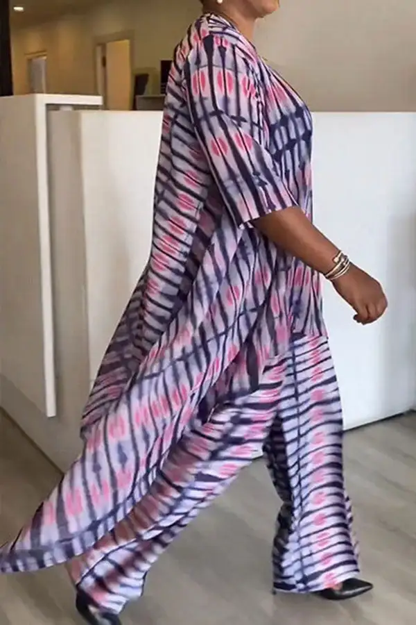 Abstract Print Asymmetric Round Neck Pant Set
