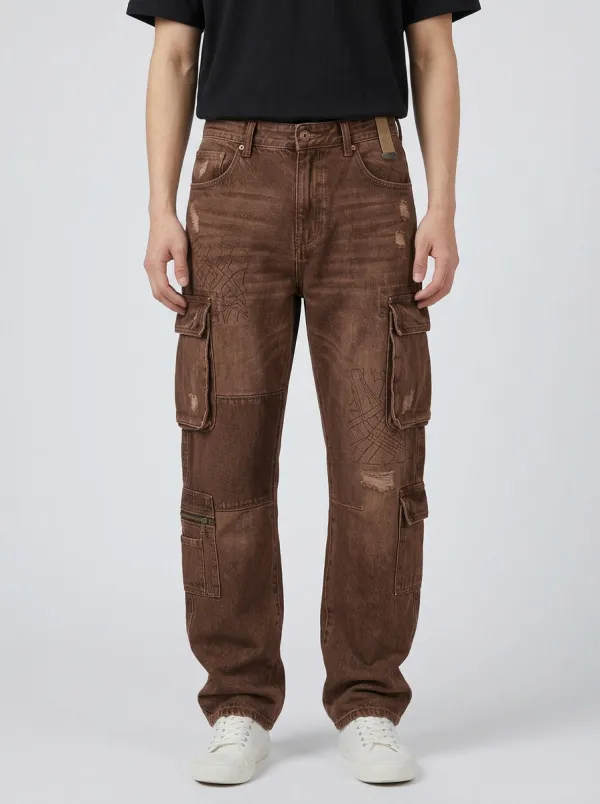 Men's Ridge Streetwear Distressed Patchwork Printed Cargo Jeans