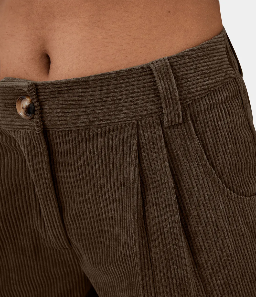Mid Rise Button Zipper Side Pocket Corduroy Casual Pants