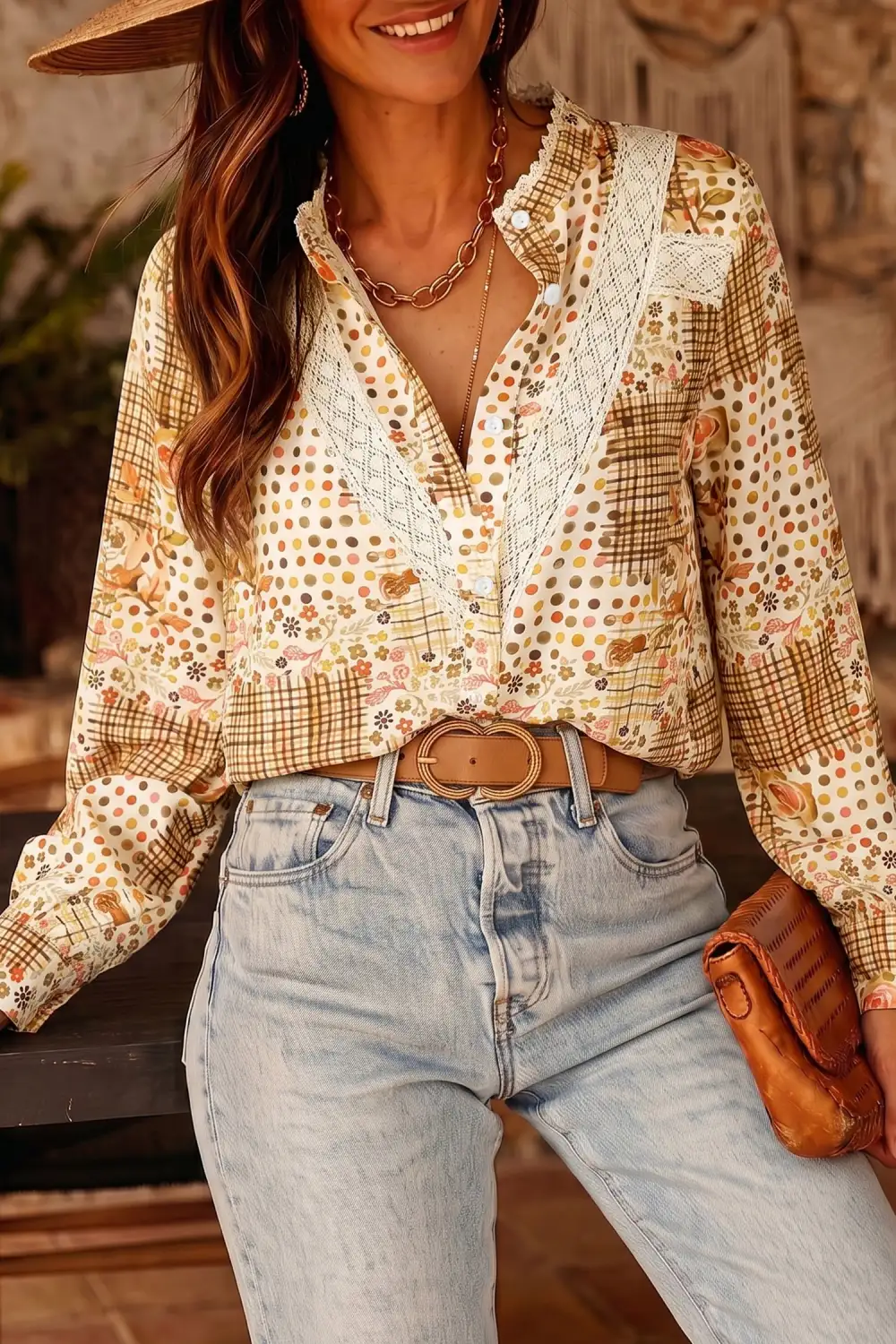 Women's Floral Print Lace Long Sleeve Blouse