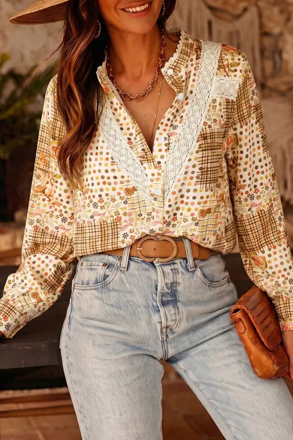 Women's Floral Print Lace Long Sleeve Blouse