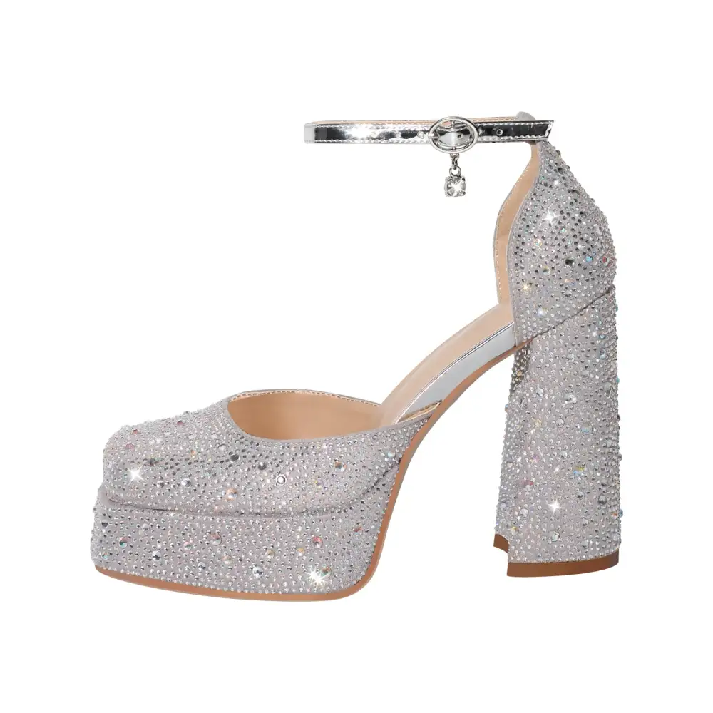 Rhinestone Square Toe Low Platform Chunky Heel Pumps