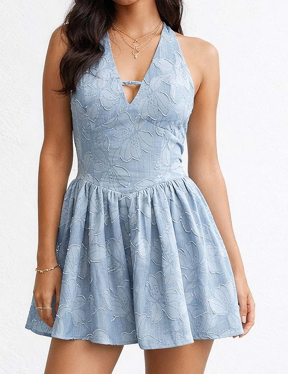 Boho Jacquard Halter V Neck Sleeveless Mini Dress